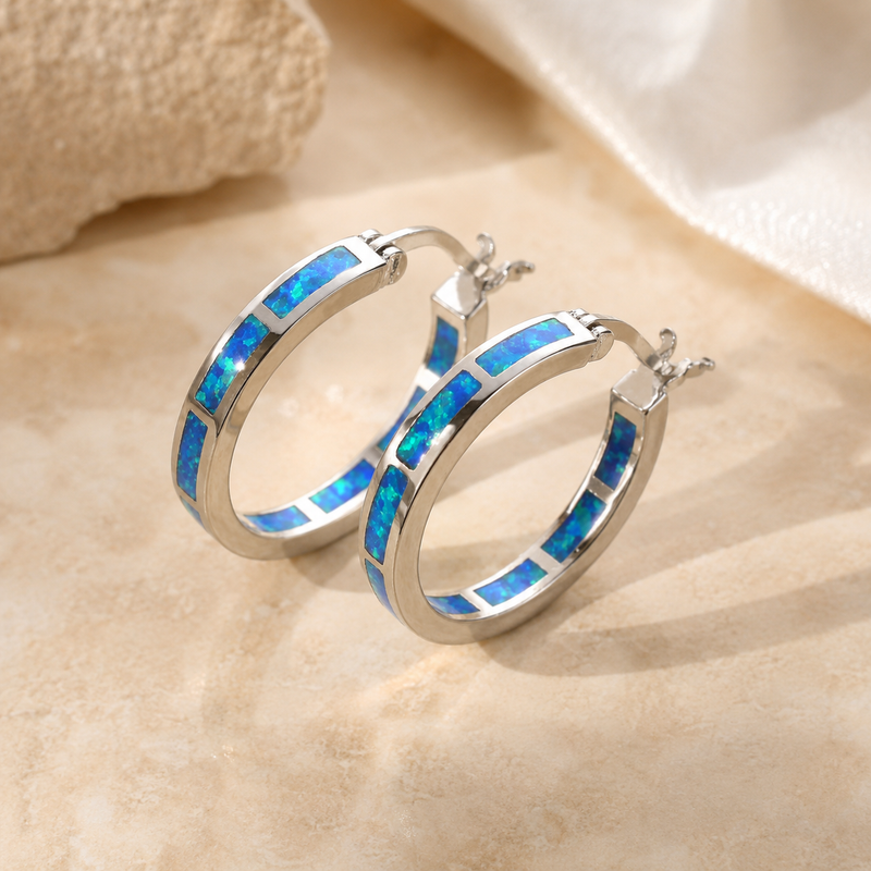Belén - Boucles d'Oreilles Chic Rondes Opale de Feu Bleue