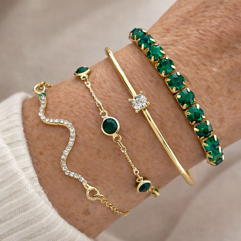Green Gemstone - Ensemble de Bracelets Dorés Pierre Verte