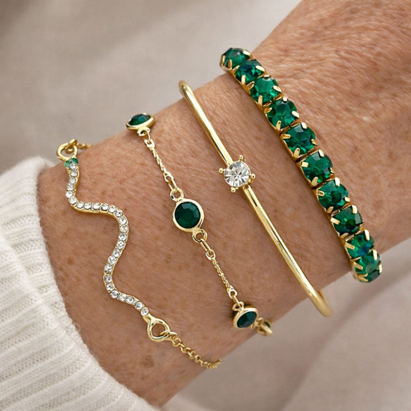 Green Gemstone - Ensemble de Bracelets Dorés Pierre Verte