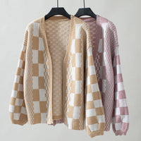 Cardigan Tricoté Décontracté À Carreaux