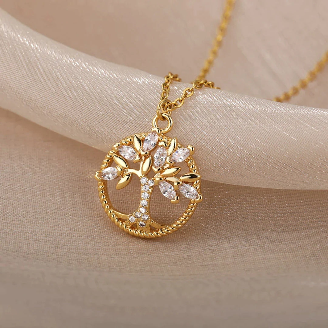 Nayara - Collier Pendentif Arbre de Vie Doré Cristaux