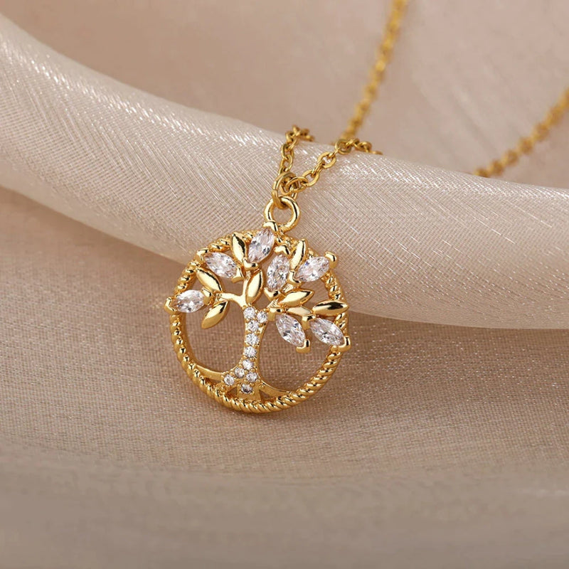 Nayara - Collier Pendentif Arbre de Vie Doré Cristaux