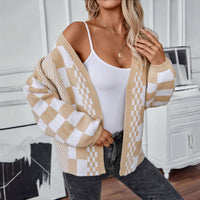 Cardigan Tricoté Décontracté À Carreaux