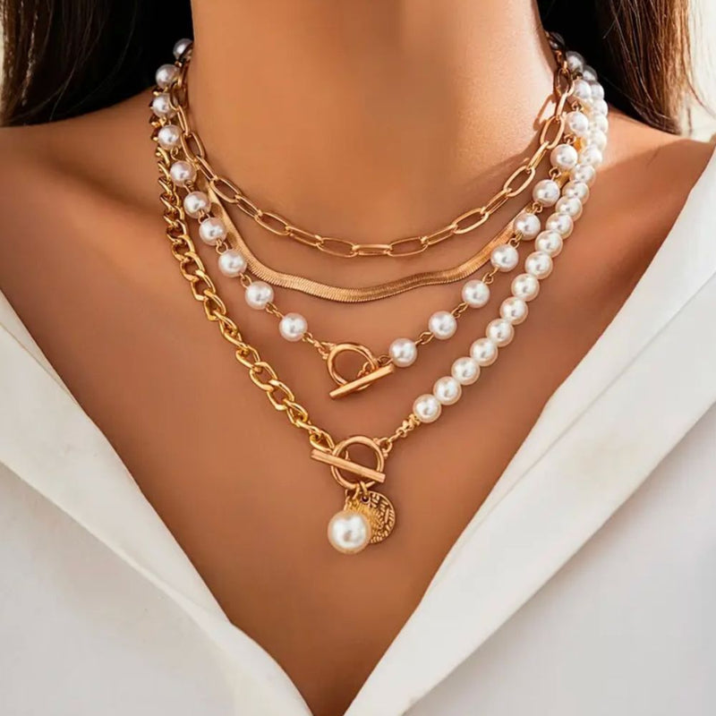 Vintage Pearl - Ensemble Collier Perles et Chaîne Serpent Doré